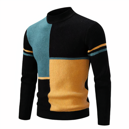 Herren Strickpullover - Mock Neck - Rippstruktur - Geometrisches Patchwork-Design