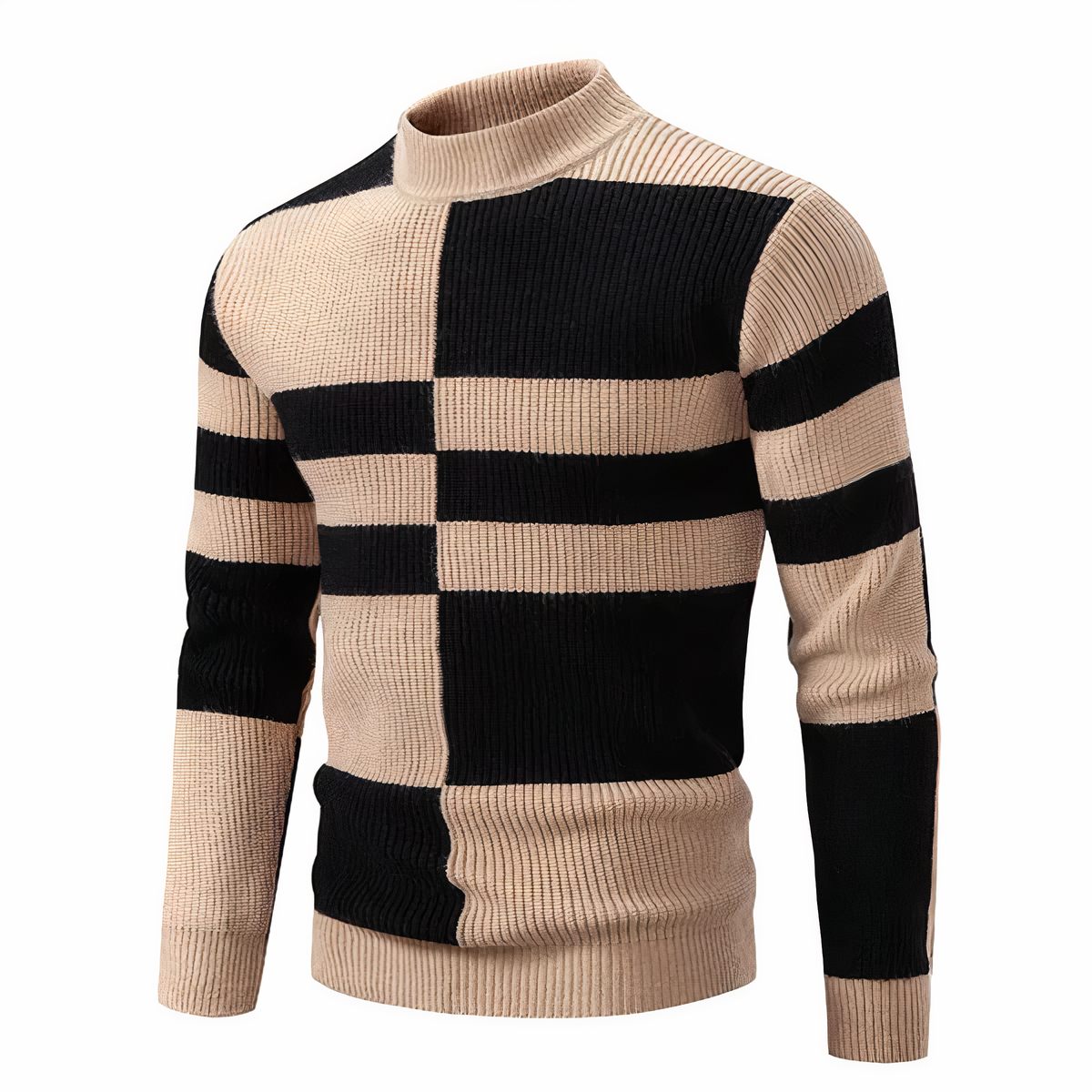 Herren Strickpullover - Mock Neck - Rippstruktur - Geometrisches Patchwork-Design