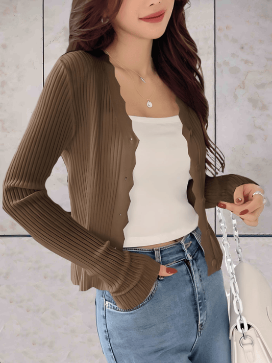 Damen Strickjacke – Geripptes Design – Taillierter Schnitt – Knopfleiste – Lange Ärmel