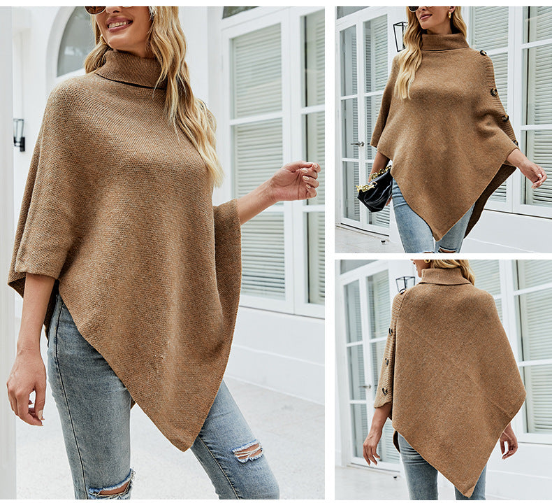 Damen Poncho-Pullover – Strick – Asymmetrischer Schnitt – Hoher Rollkragen – Knopfdetail