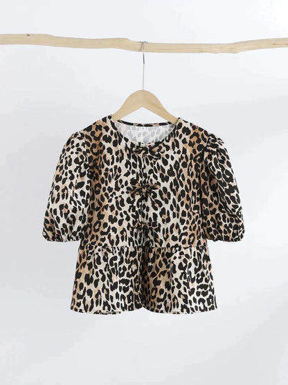 Damen Blusentop – Leopard Print – Puffärmel – Luftig & Elegant – Lockere Passform