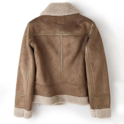 Damen Shearling Aviator Jacke – Echtleder Optik – Asymmetrischer Reißverschluss – Gürtelverschluss