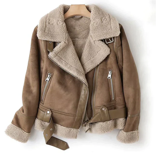 Damen Shearling Aviator Jacke – Echtleder Optik – Asymmetrischer Reißverschluss – Gürtelverschluss