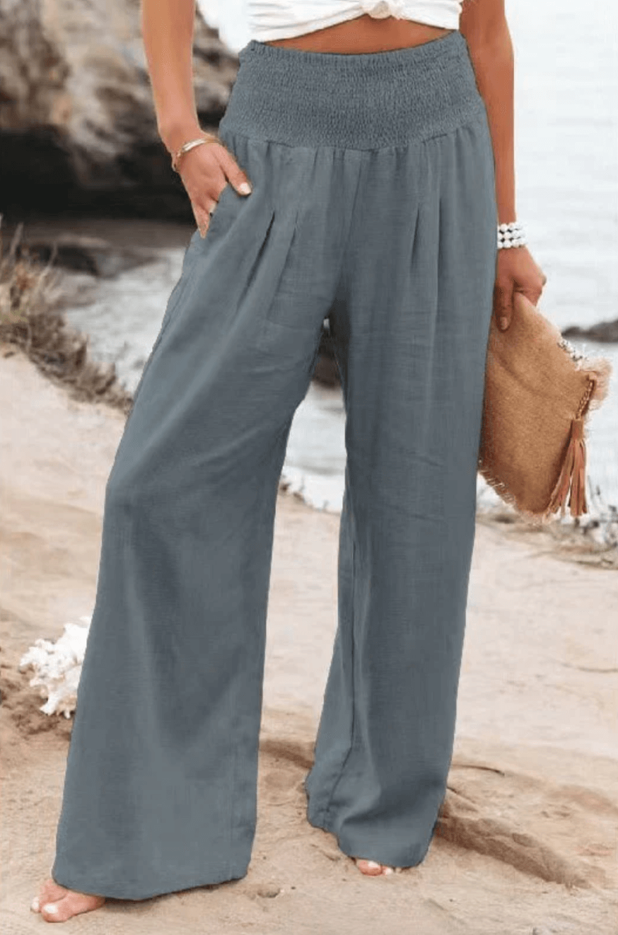 Damen Palazzo-Hose - Hohe Taille - Weites Bein - Baumwoll-Leinen - Elastischer Bund