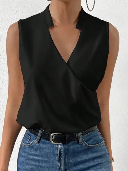 Damen Sommer Tanktop V-Ausschnitt Ärmellos Weiß Polyester