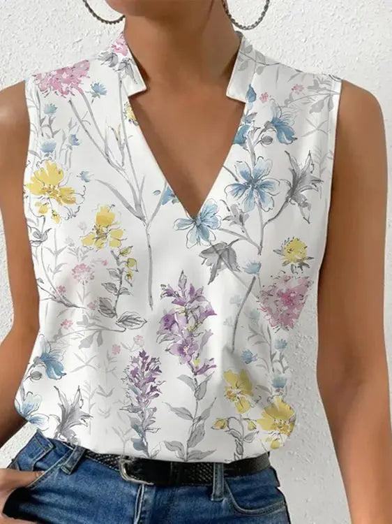 Damen Sommer Tanktop V-Ausschnitt Ärmellos Weiß Polyester