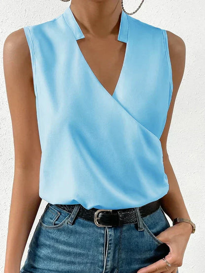 Damen Sommer Tanktop V-Ausschnitt Ärmellos Weiß Polyester