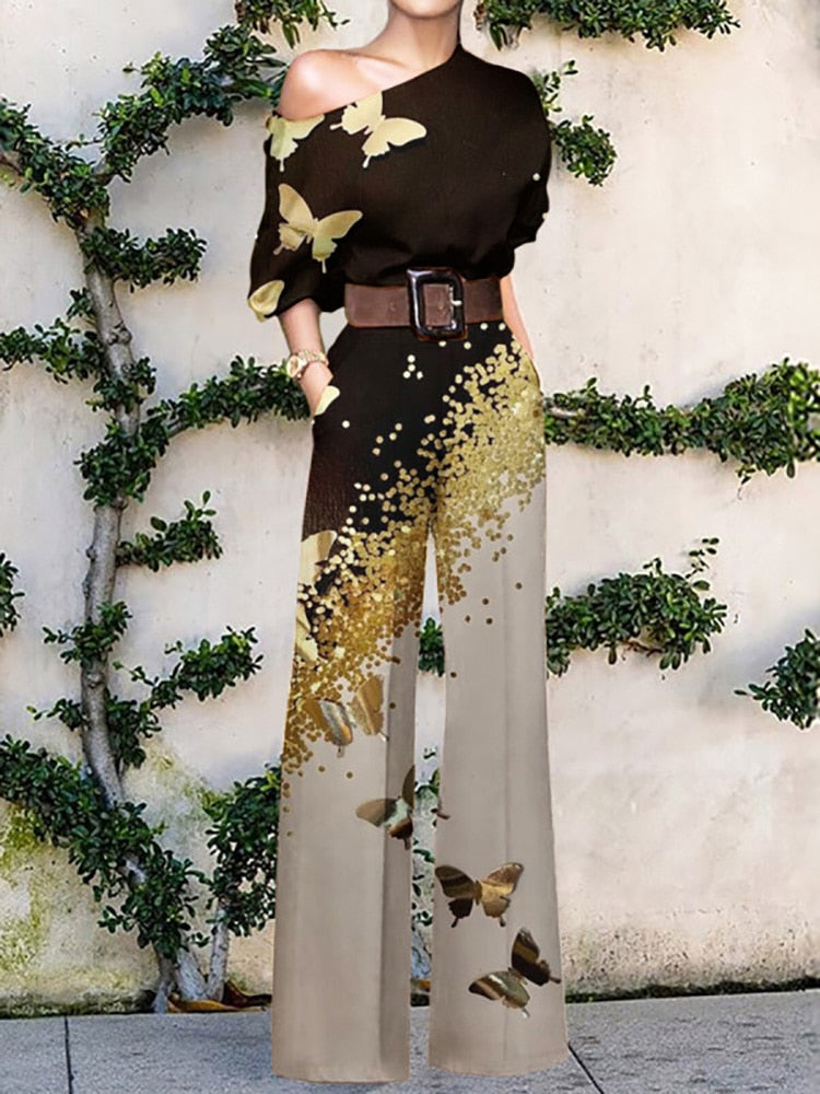 Schulterfreier Jumpsuit mit Blumenmuster aus leichter Baumwollmischung