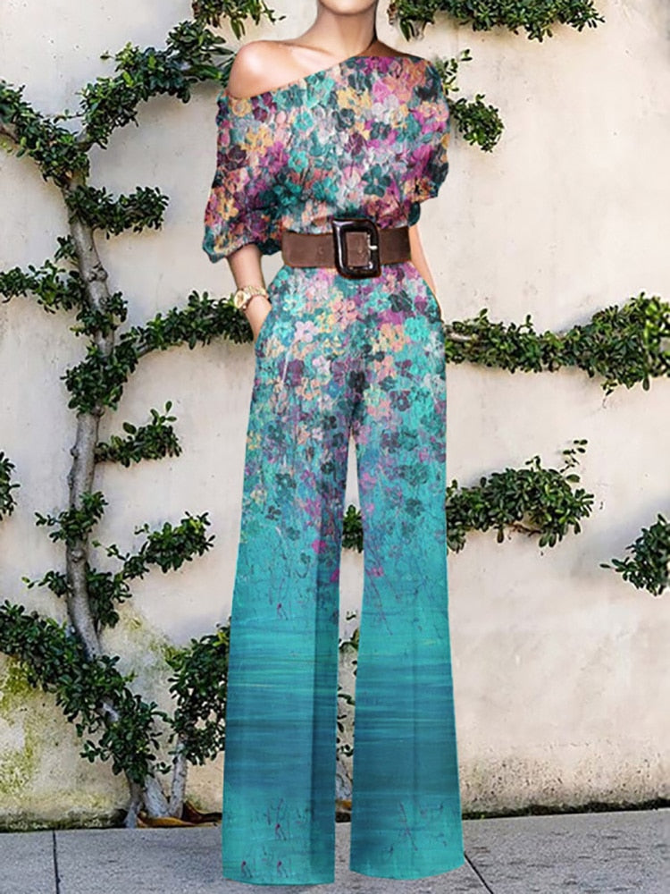 Schulterfreier Jumpsuit mit Blumenmuster aus leichter Baumwollmischung