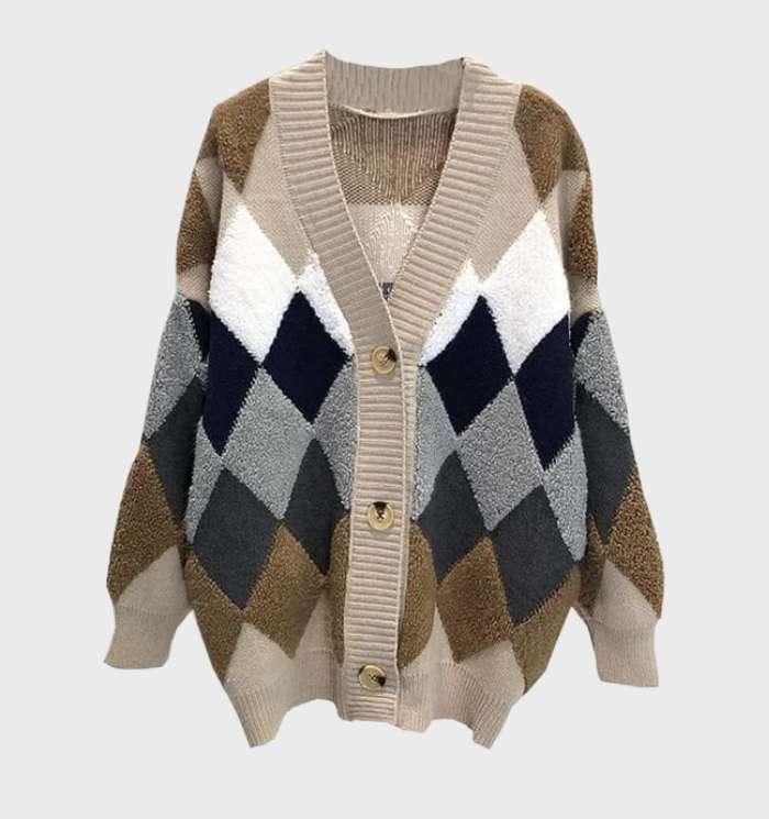 Damen Strick-Cardigan – Oversized – Argyle-Muster – Grobstrick mit Knöpfen