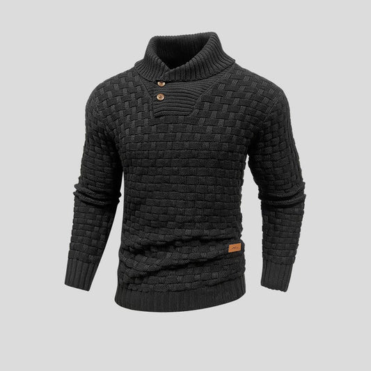 Herren Strickpullover – Basket-Weave Muster – Hoher Kragen mit Holzknöpfen – Gerippte Bündchen