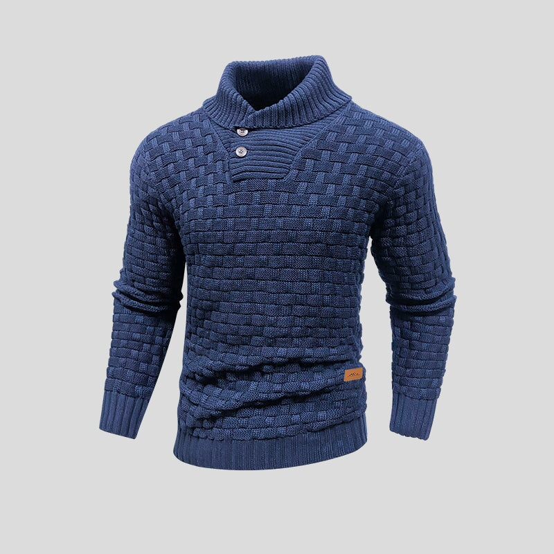 Herren Strickpullover – Basket-Weave Muster – Hoher Kragen mit Holzknöpfen – Gerippte Bündchen