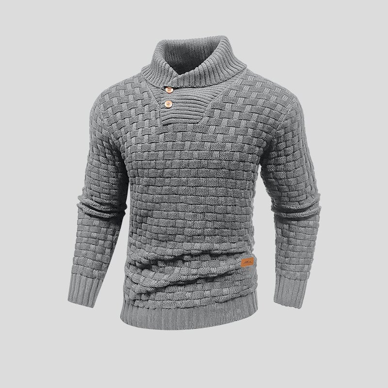 Herren Strickpullover – Basket-Weave Muster – Hoher Kragen mit Holzknöpfen – Gerippte Bündchen