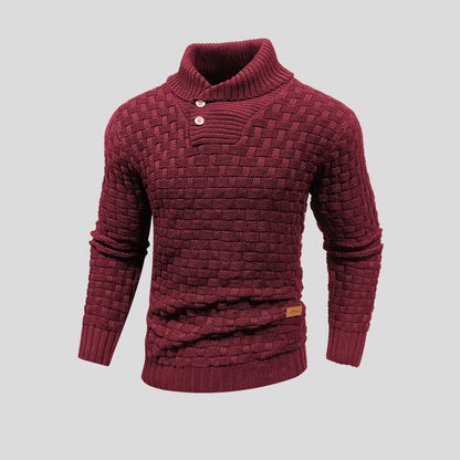 Herren Strickpullover – Basket-Weave Muster – Hoher Kragen mit Holzknöpfen – Gerippte Bündchen