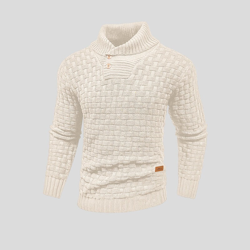 Herren Strickpullover – Basket-Weave Muster – Hoher Kragen mit Holzknöpfen – Gerippte Bündchen