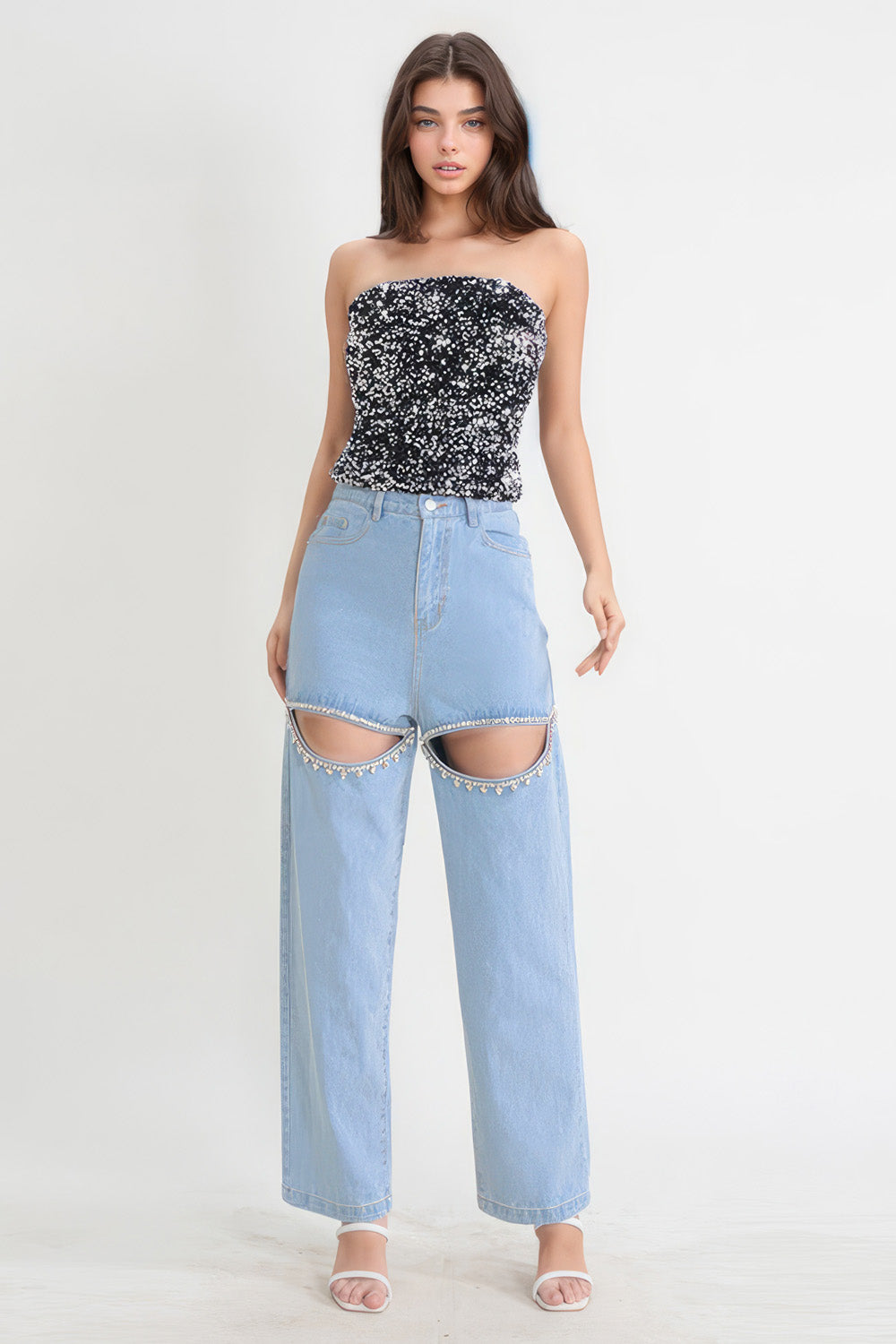 Damen High-Waist Jeans - Cut-Out Design mit Strass - Gerade Passform - 5-Pocket-Stil