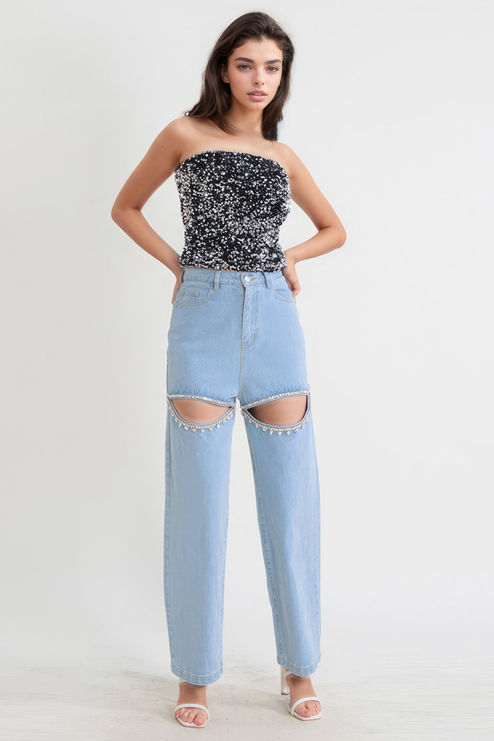 Damen High-Waist Jeans - Cut-Out Design mit Strass - Gerade Passform - 5-Pocket-Stil