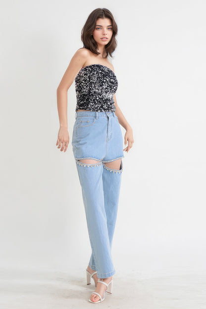 Damen High-Waist Jeans - Cut-Out Design mit Strass - Gerade Passform - 5-Pocket-Stil