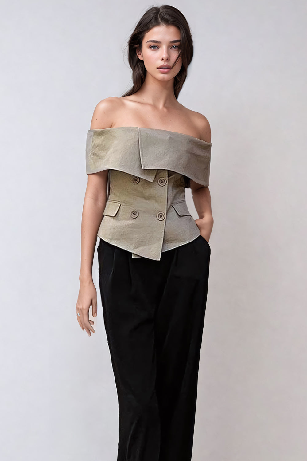 Damen Off-Shoulder Blazer-Top – Doppelreihig – Asymmetrischer Schnitt – Eleganter Look