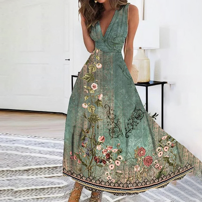 Damen Maxi Kleid – Ärmellos – Tiefer V-Ausschnitt – Luftig und Elegant – Blumenmuster