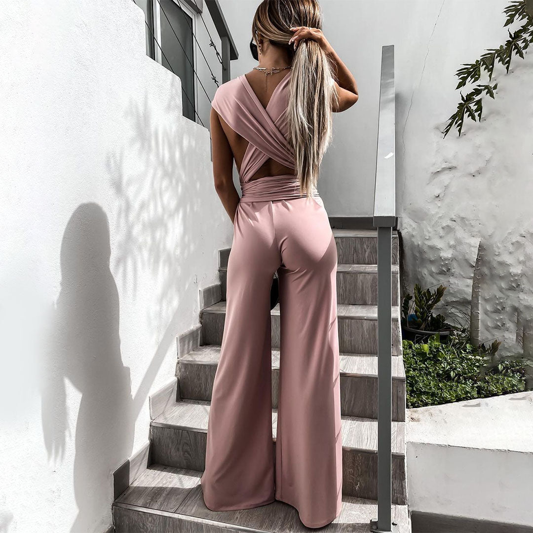 Damen Jumpsuit - V-Ausschnitt & Spaghettiträger - Taillengürtel - Weites Bein Elegant