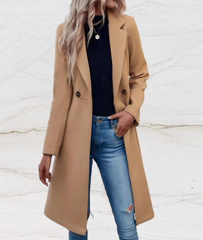 Zafira - Elegante Lange Jacke mit Großen Kragenknöpfen und Bindedesign