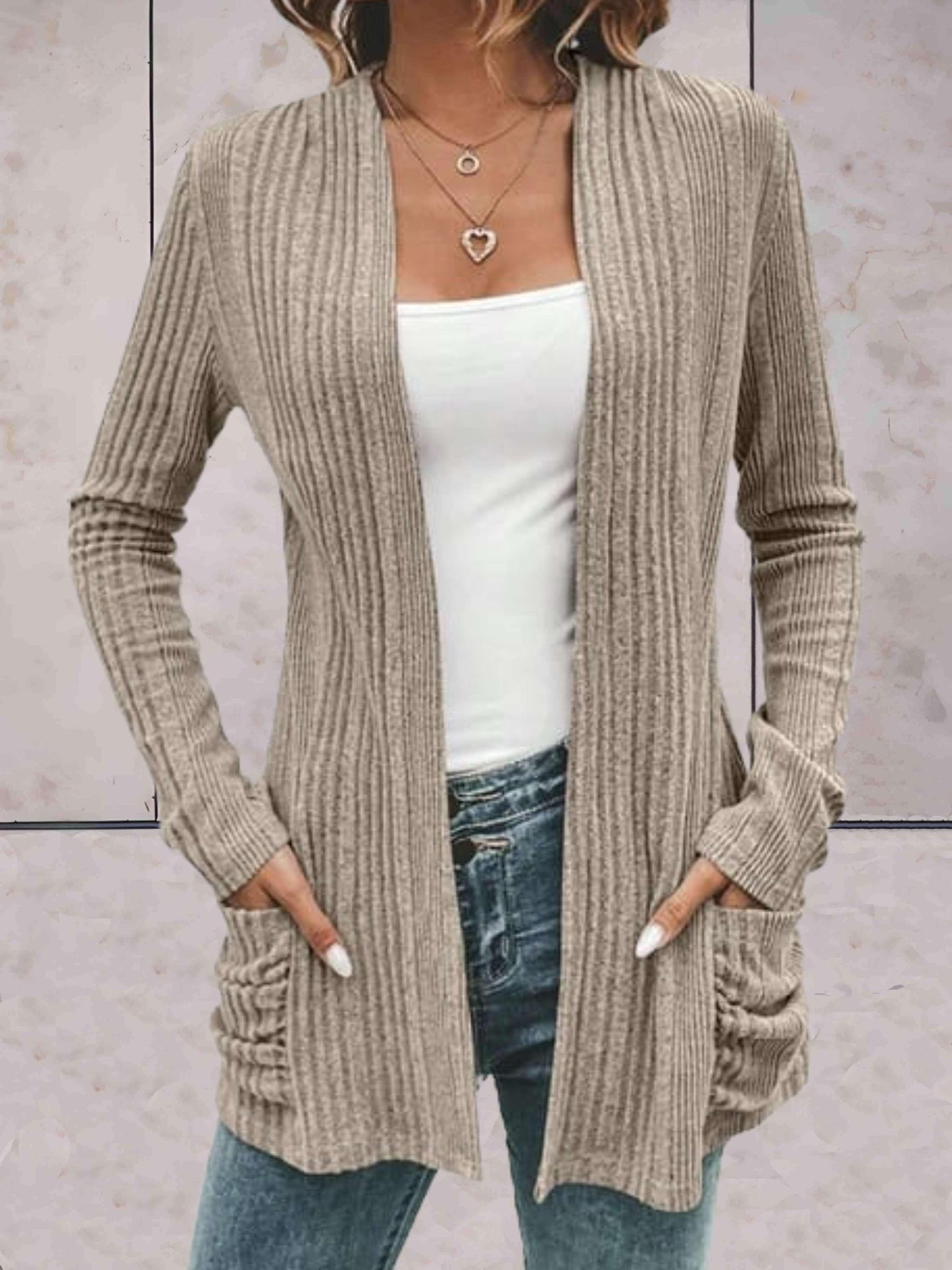 Damen Strick-Cardigan – Offene Front – Lockerer Schnitt – Gerippte Struktur – Mit Taschen