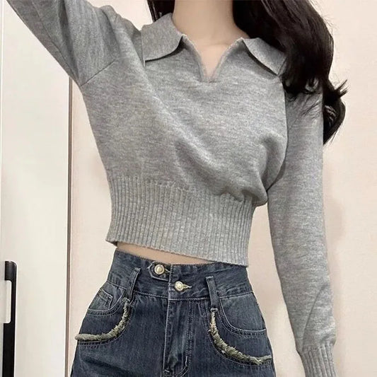 Damen Cropped Pullover - V-Ausschnitt mit Kragen - Strick - Langarm mit Rippbündchen