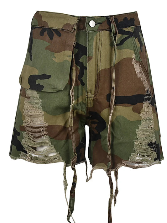 Damen Cargoshorts – Hohe Taille – Zerrissenes Design – Camouflage – Lässiger Streetwear-Look