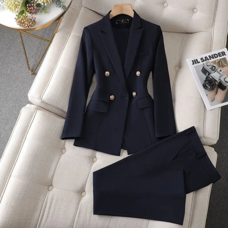 Damen Hosenanzug - Doppelreihiger Blazer mit Revers & Gerade Hose - Elegant & Business