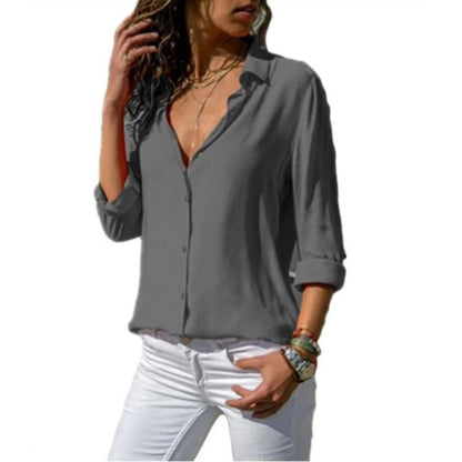 Damen Bluse - Lockerer Schnitt - Knopfleiste - Langarm Hochkrempelbar - Leicht & Elegant