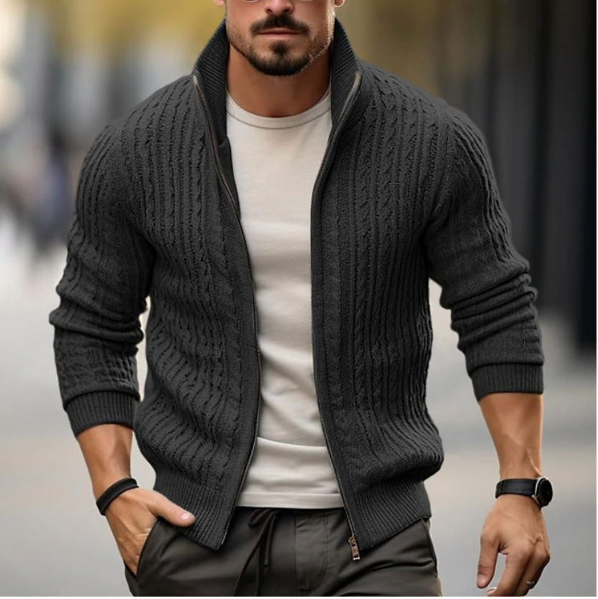 Herren-Cardigan aus Baumwoll-Mix mit Reißverschluss und modernem Design