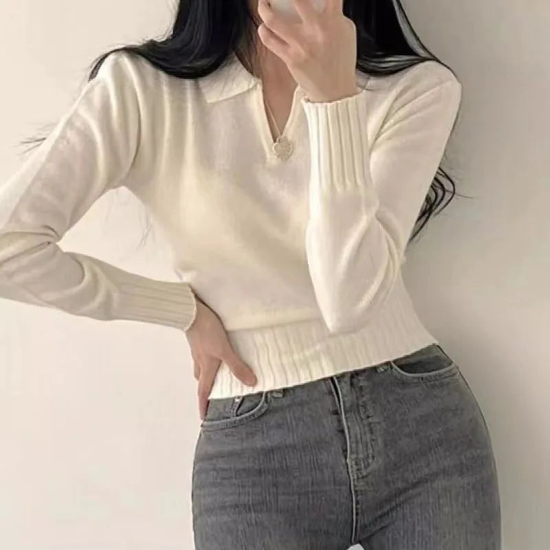 Damen Cropped Pullover - V-Ausschnitt mit Kragen - Strick - Langarm mit Rippbündchen