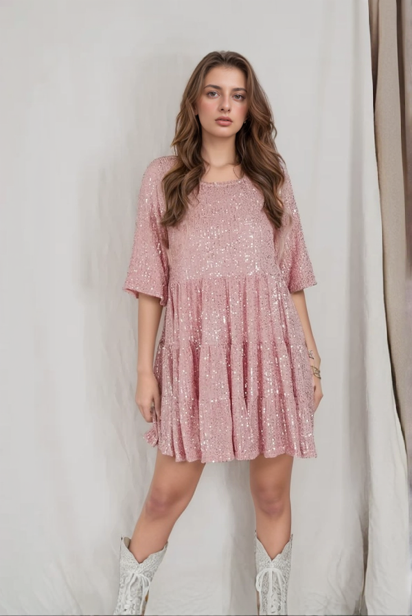 Comfy Sequins Baby Doll Dress - Sparkling Loose-Fit Mini for Parties and Celebrations