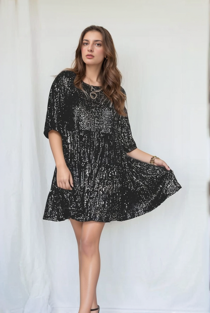 Comfy Sequins Baby Doll Dress - Sparkling Loose-Fit Mini for Parties and Celebrations