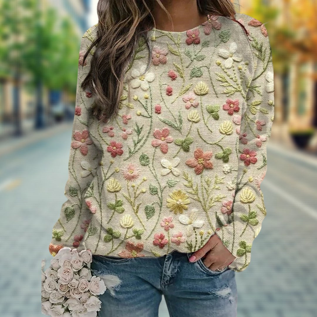 Damen Pullover – Rundhals – Stickerei Blumen – Langarm – Bequemer Schnitt