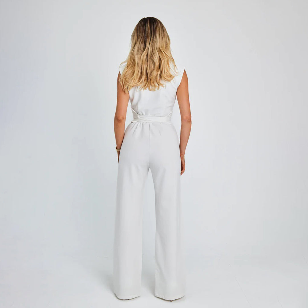 Damen Jumpsuit - Ärmellos V-Ausschnitt - Hohe Taille mit Gürtel - Weites Bein Elegant