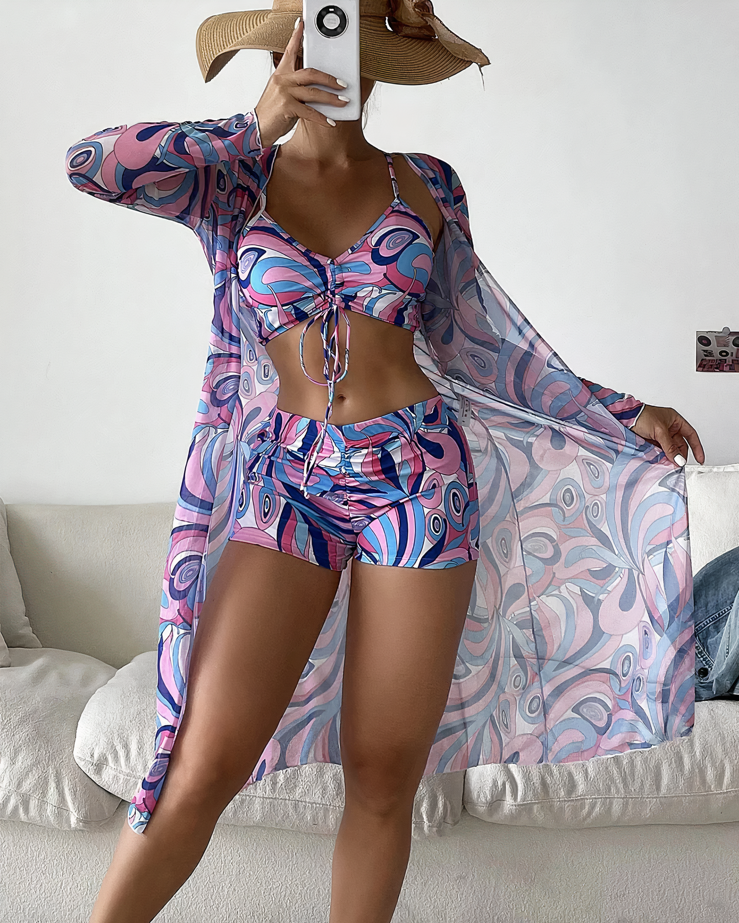 Bikini Set mit Hoher Taille und Leichtem Kimono - Sommer Chic