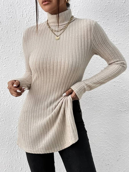 Damen Rollkragenpullover – Geripptes Strickdesign – Figurbetonte Passform – Lange Länge