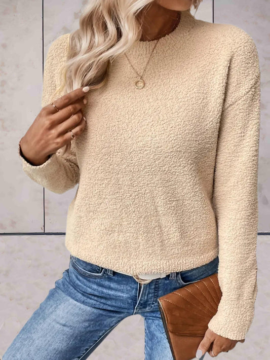 Damen Pullover – Bouclé Strick – Rundhals – Lange Ärmel – Bequemer Schnitt