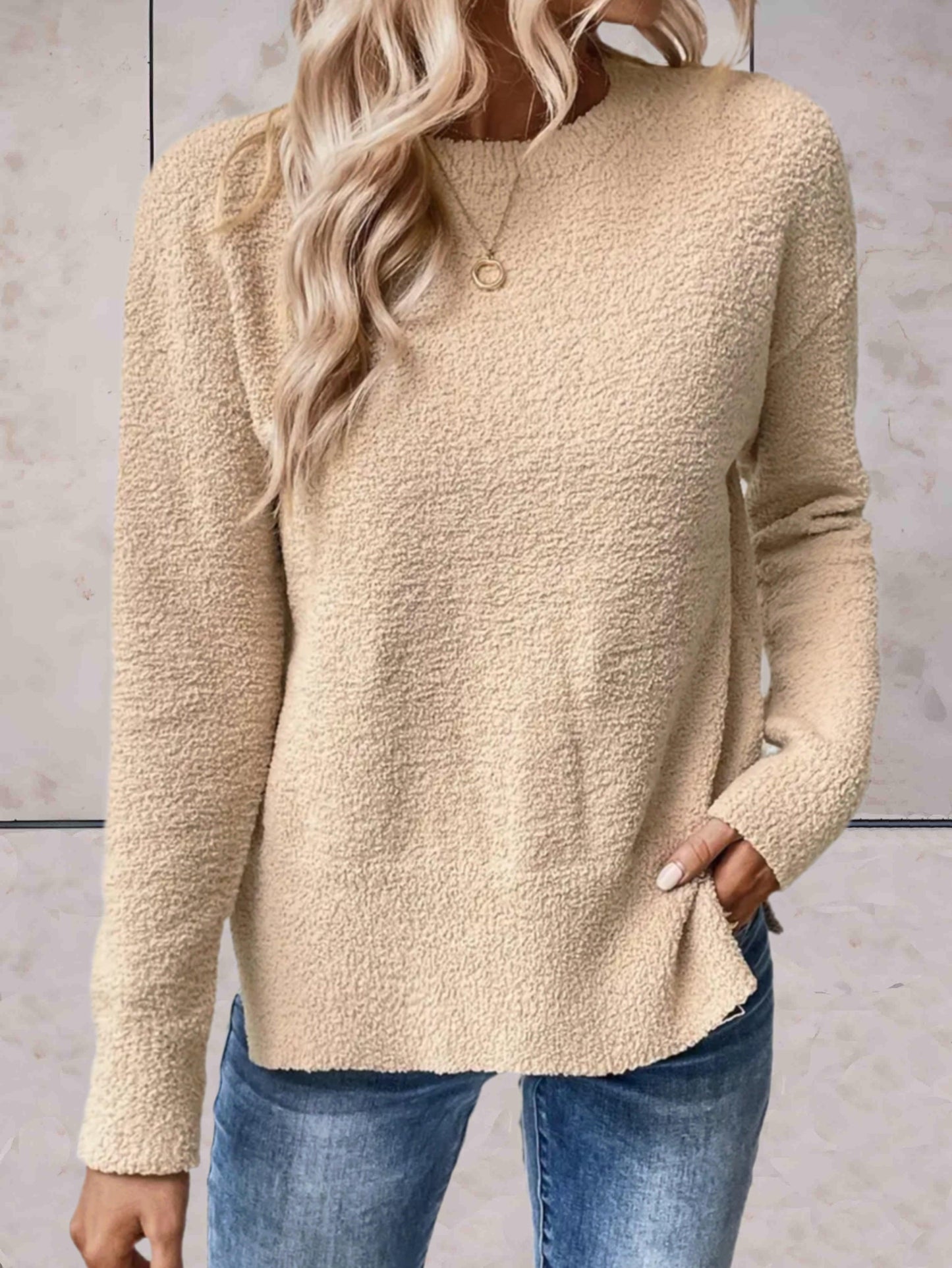 Damen Pullover – Bouclé Strick – Rundhals – Lange Ärmel – Bequemer Schnitt