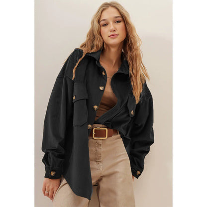 Damen Cordhemdjacke – Oversized Passform – Brusttaschen – Lange Ärmel – Knopfleiste