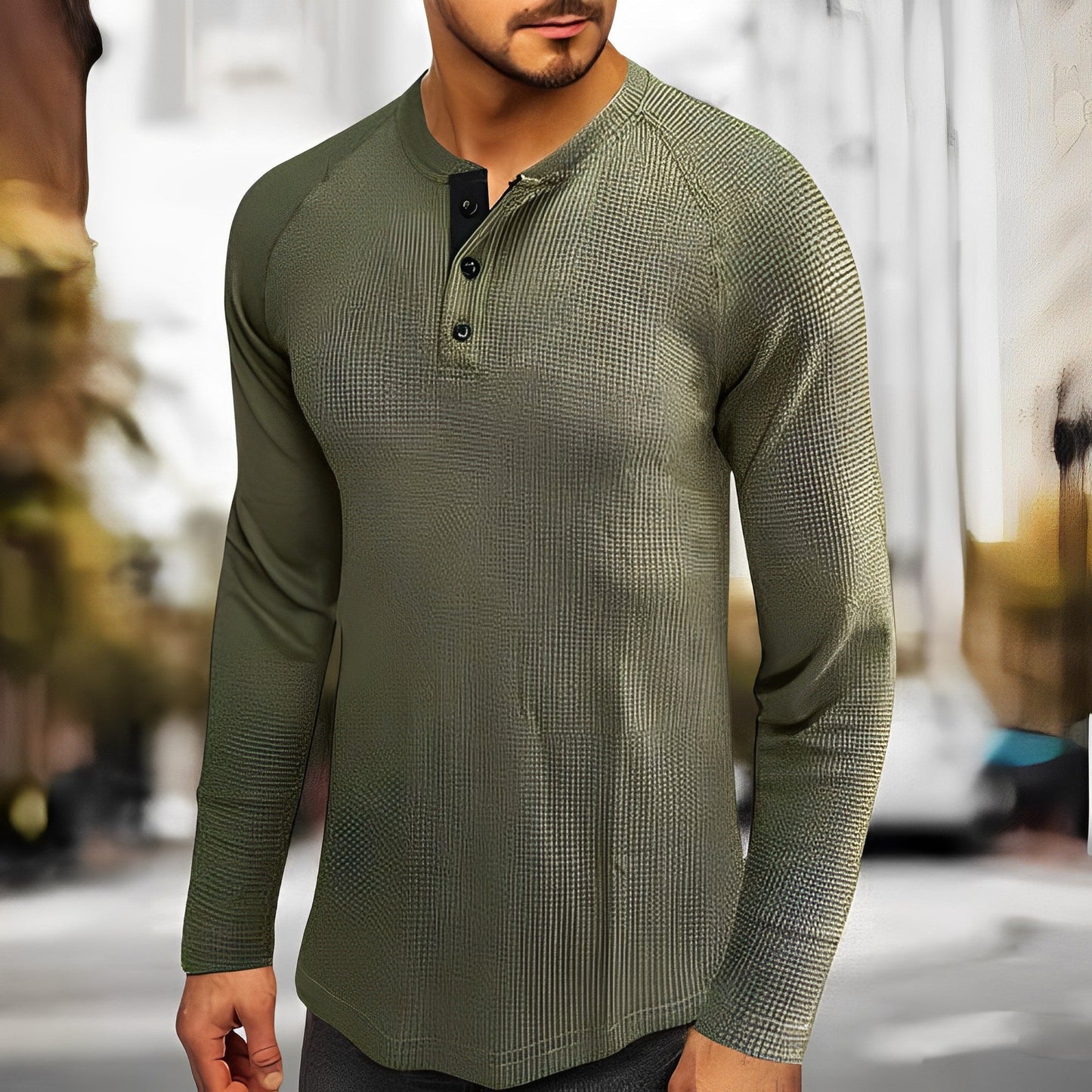 Herren Henley Shirt – Waffelstrick – Regular Fit – Langarm mit Knopfleiste – Casual