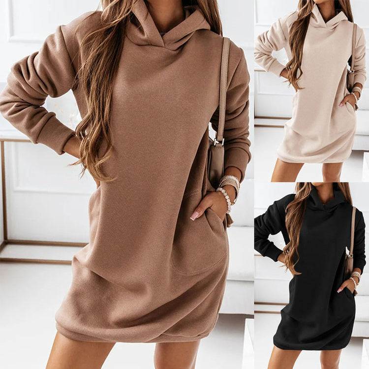 Damen Hoodie Kleid – Oversized Sweatkleid – Lange Ärmel – Mit Kapuze & Taschen