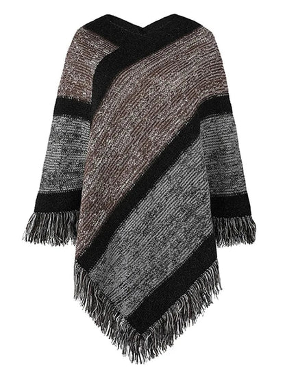 Damen Poncho – Gestricktes Design – Lockere Passform – Fransen Boho-Stil