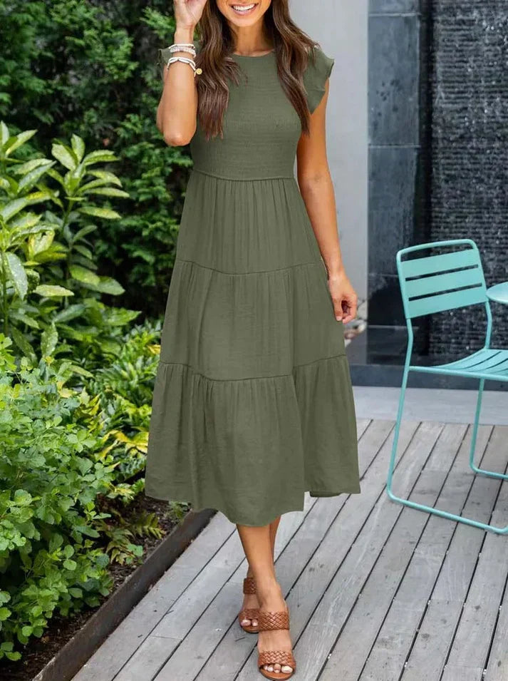 Sommerkleid Damen A-Linie mit Plissee und kurzen Flügelärmeln