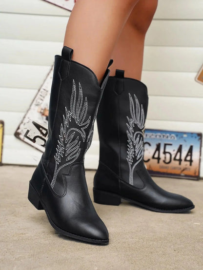 Damen Cowboy Stiefel aus PU-Leder mit Bequemer Innenfutter