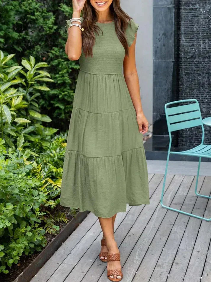 Sommerkleid Damen A-Linie mit Plissee und kurzen Flügelärmeln