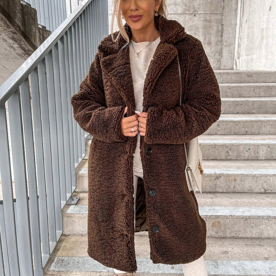 Damen Teddy Mantel – Weiches Shearling – Lockerer Schnitt – Knopfverschluss