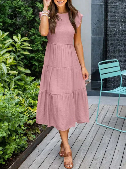 Sommerkleid Damen A-Linie mit Plissee und kurzen Flügelärmeln